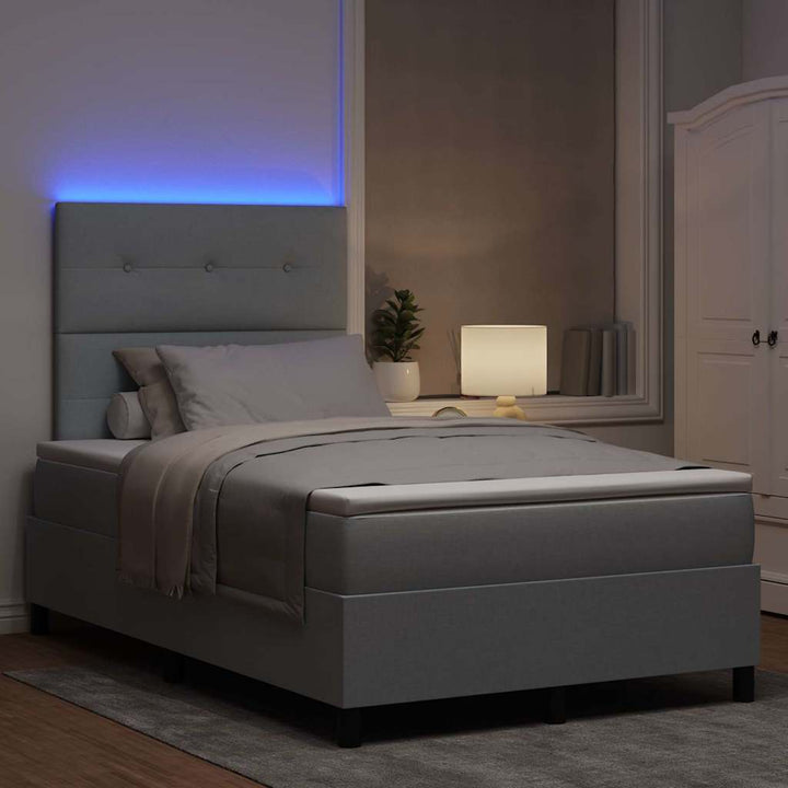 Box spring seng med LED-lysstrimler Lysegrå 120 x 190 cm Stof