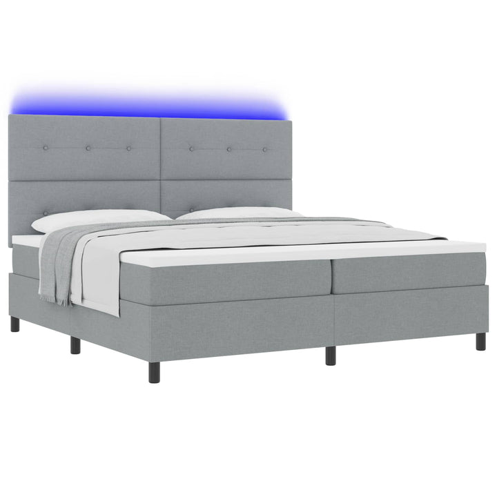 Box spring seng med LED-lysstrimler Lysegrå 200 x 200 cm Stof