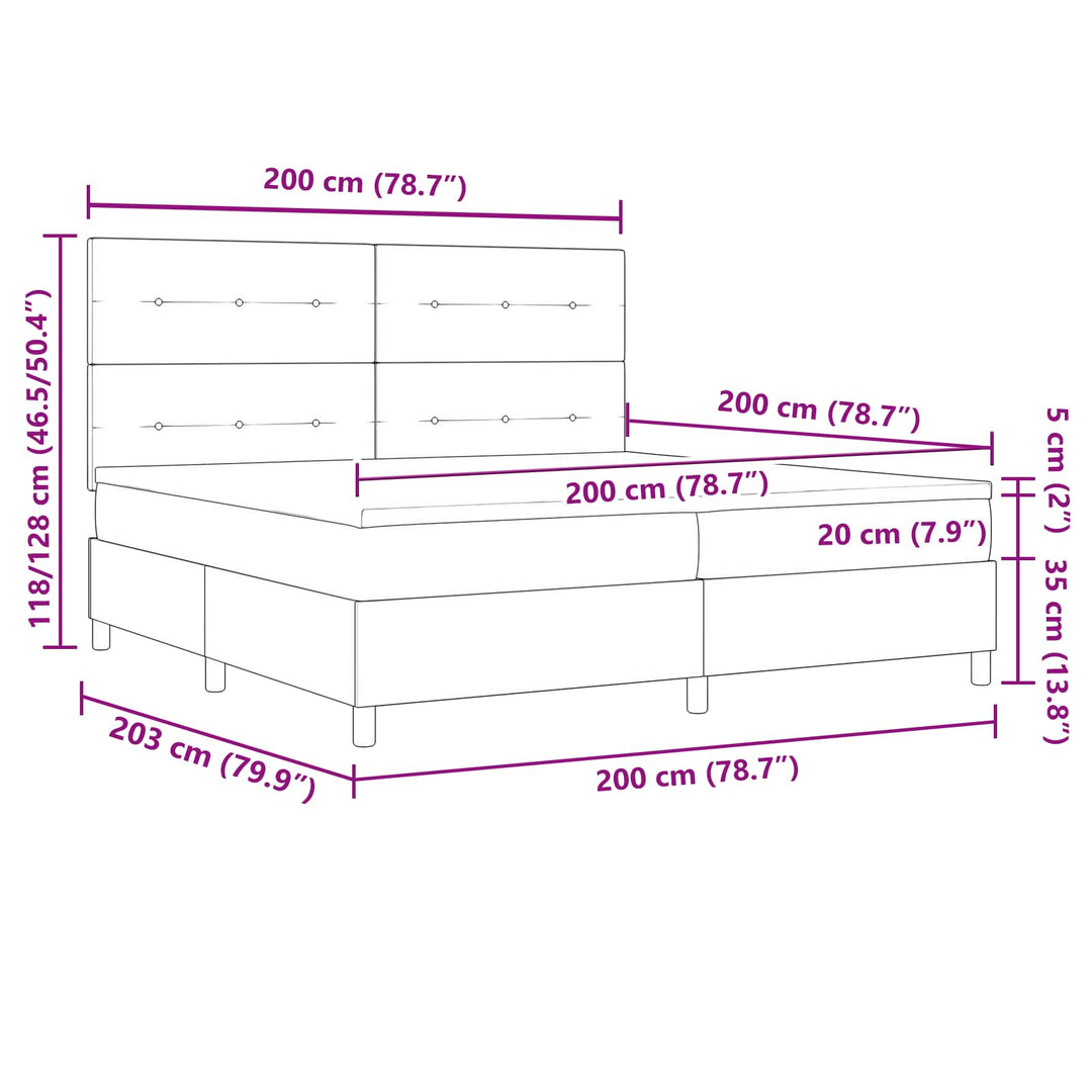 Box spring seng med LED-lysstrimler Gråbrun 200 x 200 cm Stof