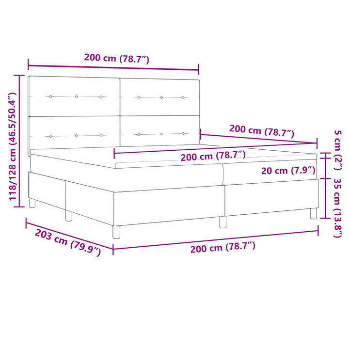Box spring seng med LED-lysstrimler Gråbrun 200 x 200 cm Stof