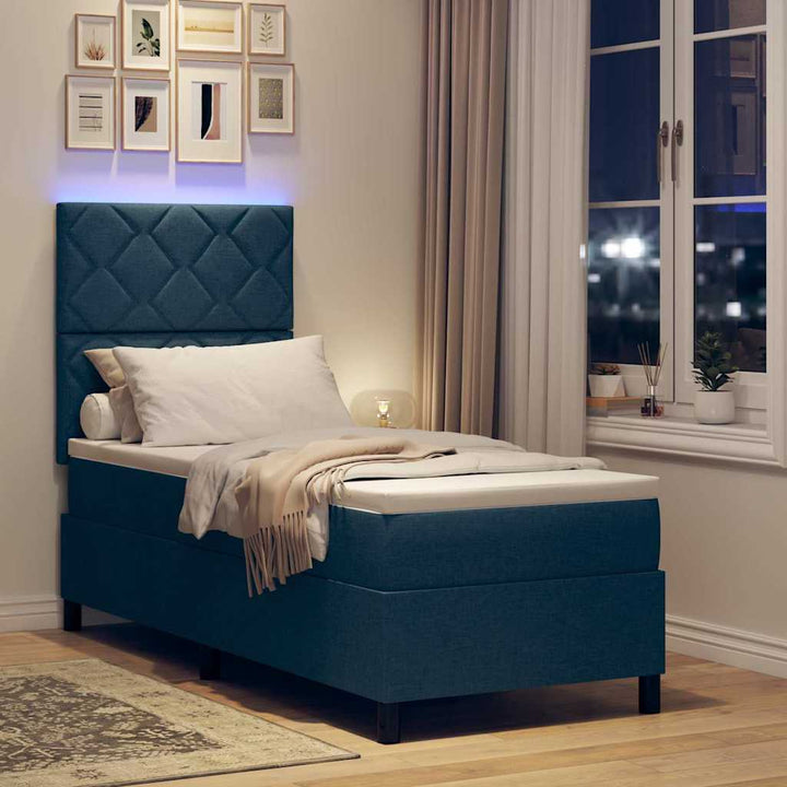 Box spring seng med LED-lysstrimler Blå 80 x 200 cm Stof