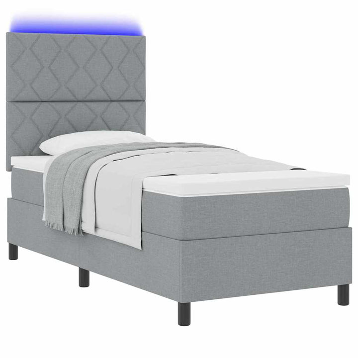 Box spring seng med LED-lysstrimler Lysegrå 90 x 190 cm Stof