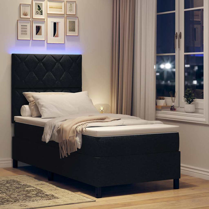 Box spring seng med LED-lysstrimler Sort 90 x 190 cm Stof