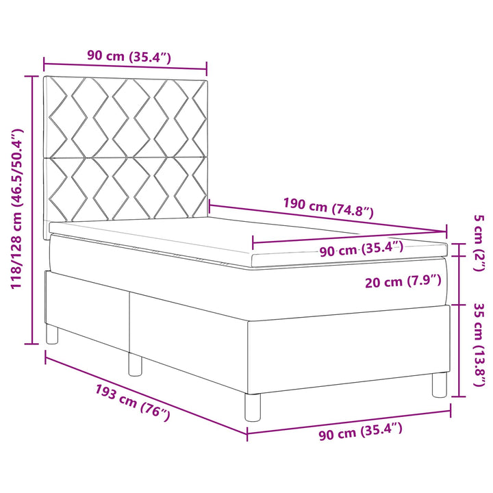 Box spring seng med LED-lysstrimler Gråbrun 90 x 190 cm Stof