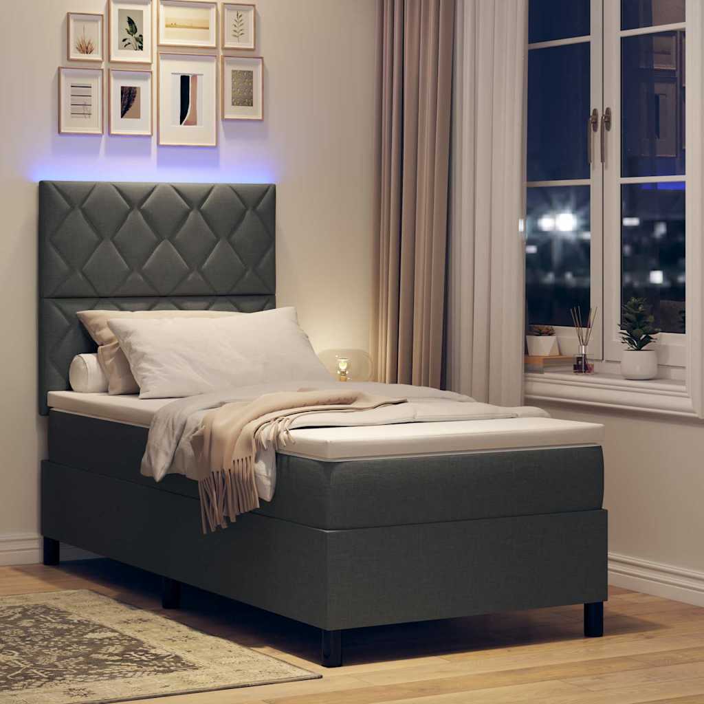 Box spring seng med LED-lysstrimler Mørkegrå 90 x 200 cm Stof