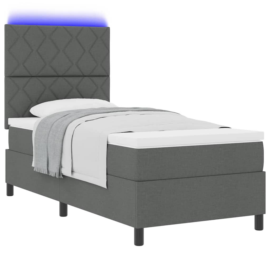 Box spring seng med LED-lysstrimler Mørkegrå 90 x 200 cm Stof
