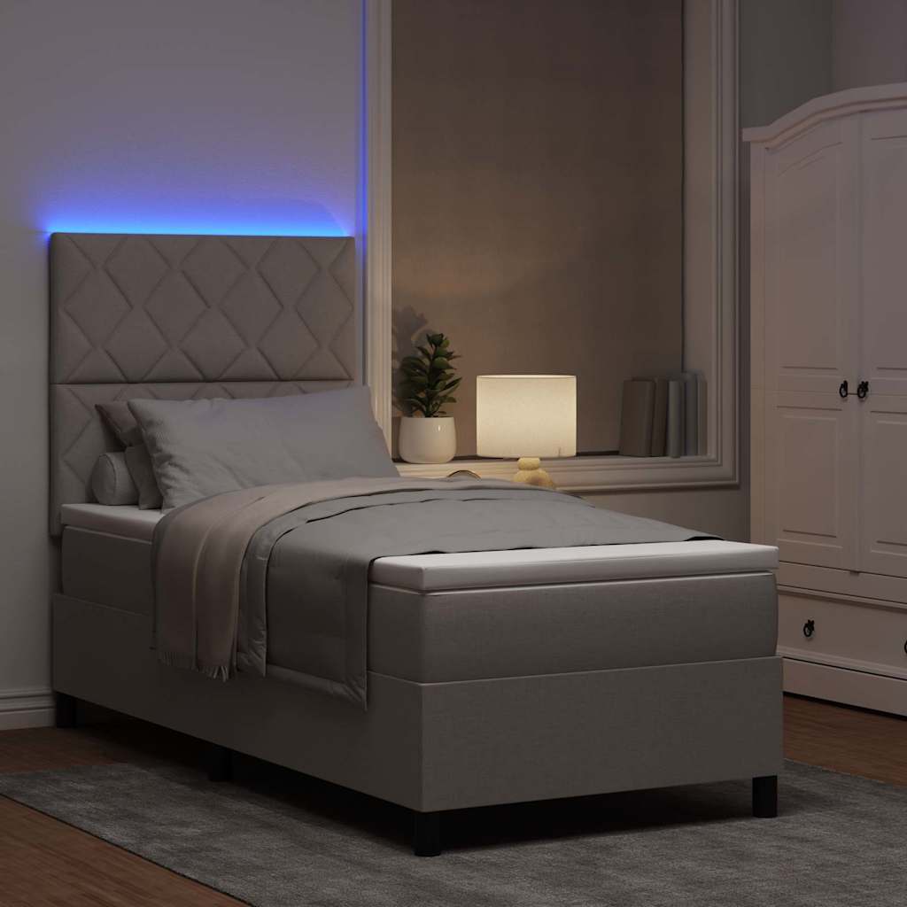 Box spring seng med LED-lysstrimler Gråbrun 90 x 200 cm Stof