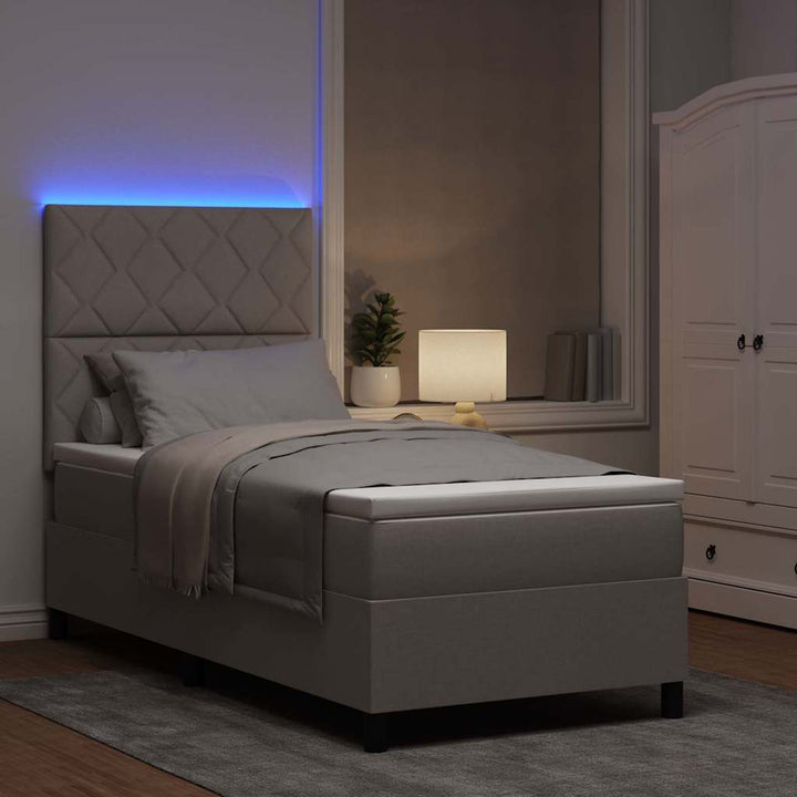 Box spring seng med LED-lysstrimler Gråbrun 90 x 200 cm Stof