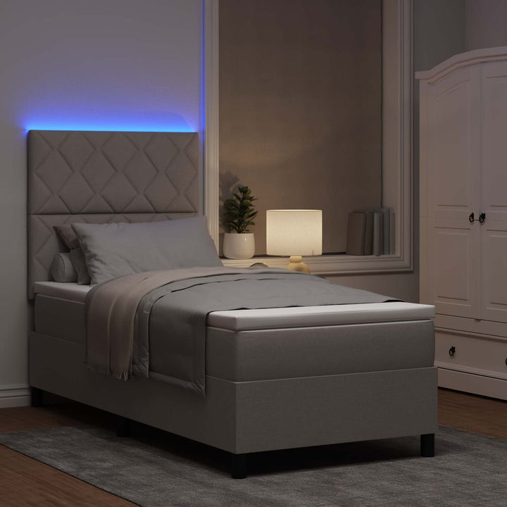 Box spring seng med LED-lysstrimler Gråbrun 100 x 200 cm Stof