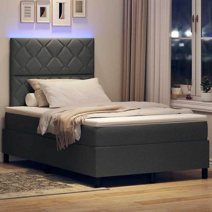 Box spring seng med LED-lysstrimler Mørkegrå 120 x 200 cm Stof
