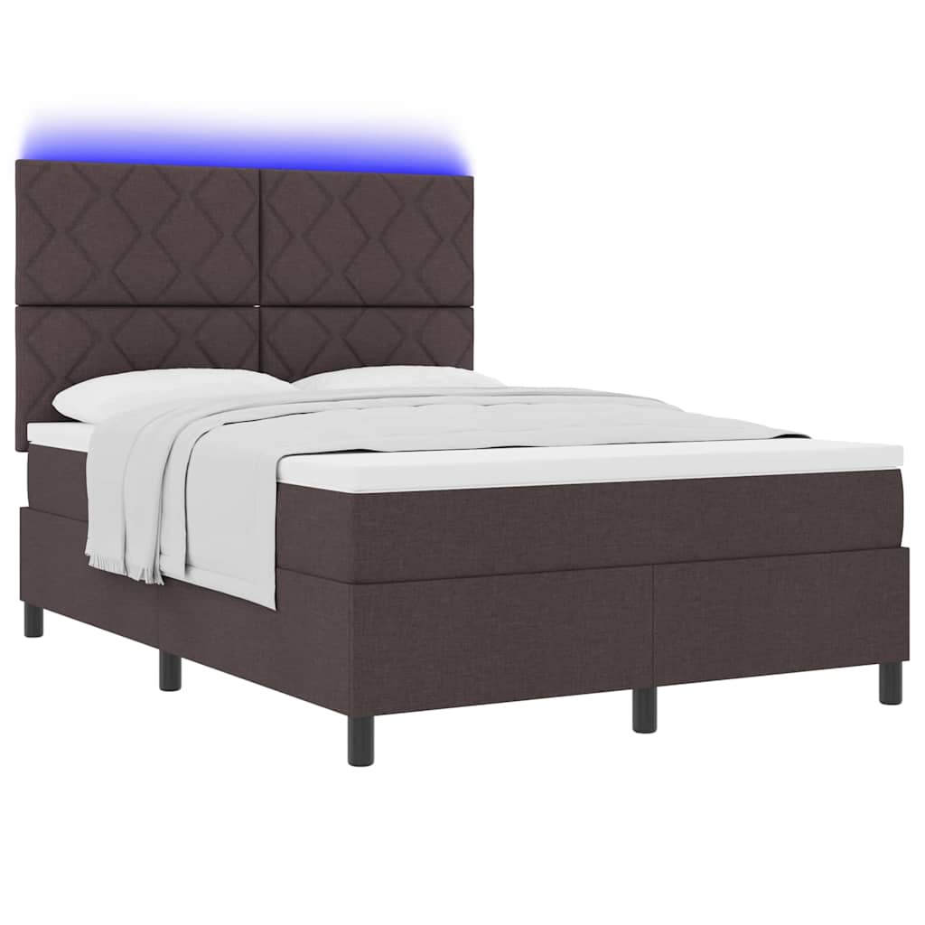 Box spring seng med LED-lysstrimler Mørkebrun 140 x 190 cm Stof