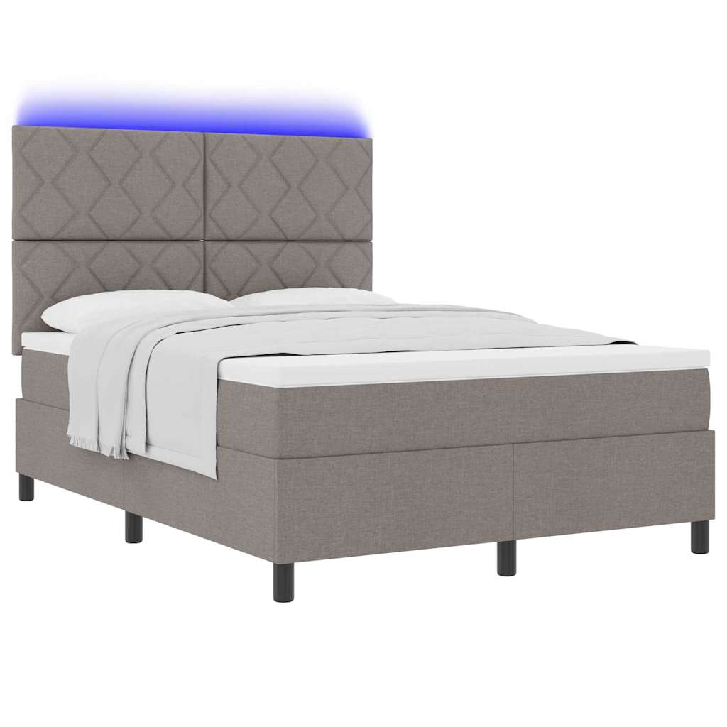 Box spring seng med LED-lysstrimler Gråbrun 140 x 190 cm Stof