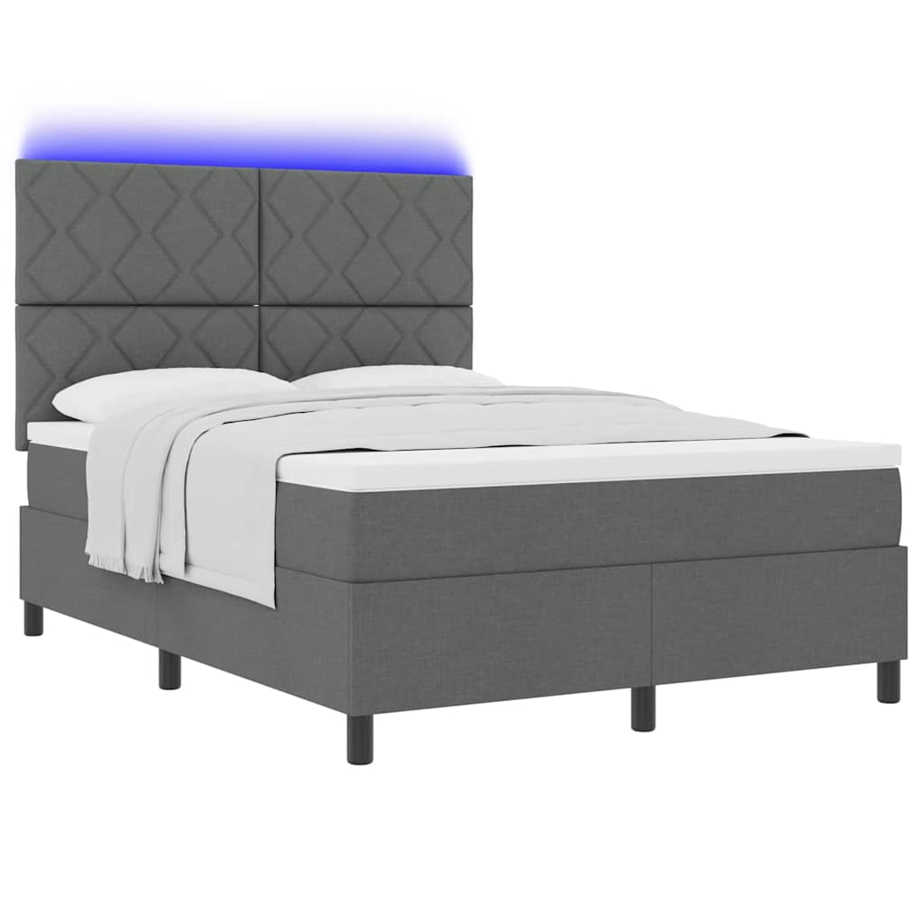 Box spring seng med LED-lysstrimler Mørkegrå 140 x 200 cm Stof