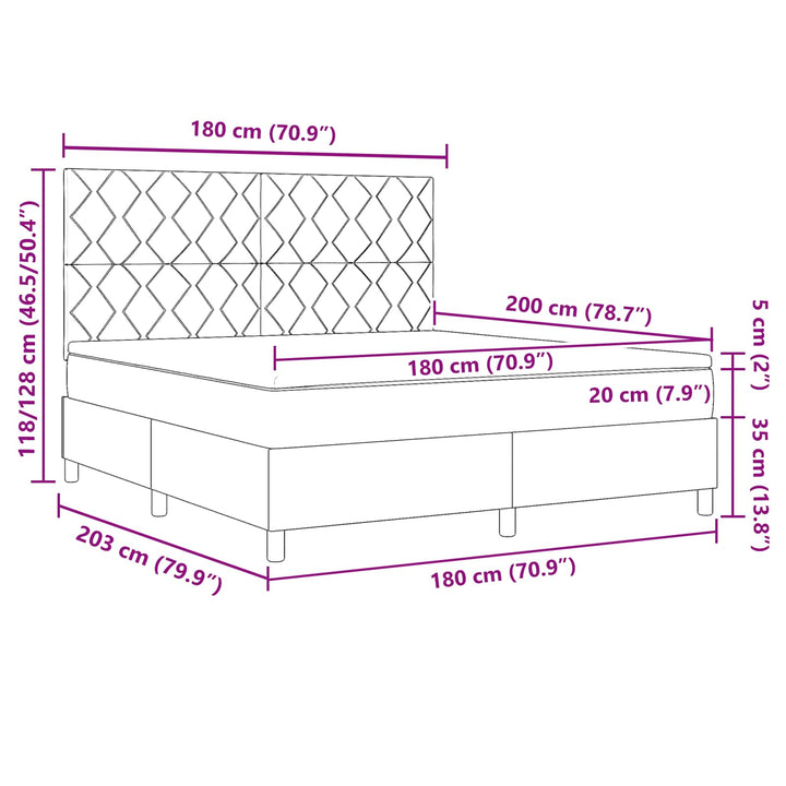 Box spring seng med LED-lysstrimler Mørkegrå 180 x 200 cm Stof