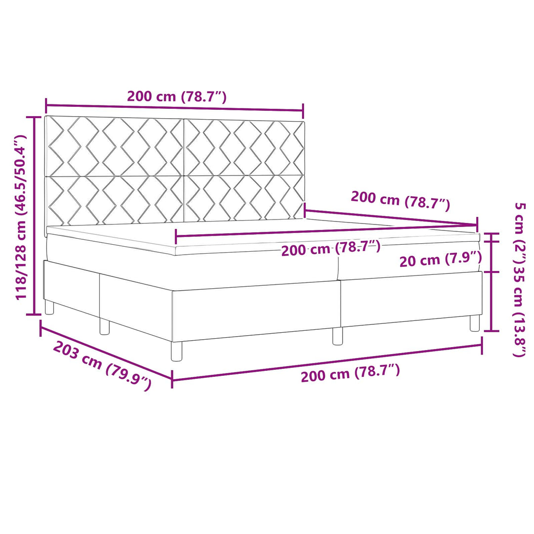 Box spring seng med LED-lysstrimler Gråbrun 200 x 200 cm Stof
