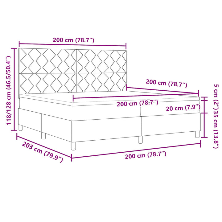 Box spring seng med LED-lysstrimler Gråbrun 200 x 200 cm Stof