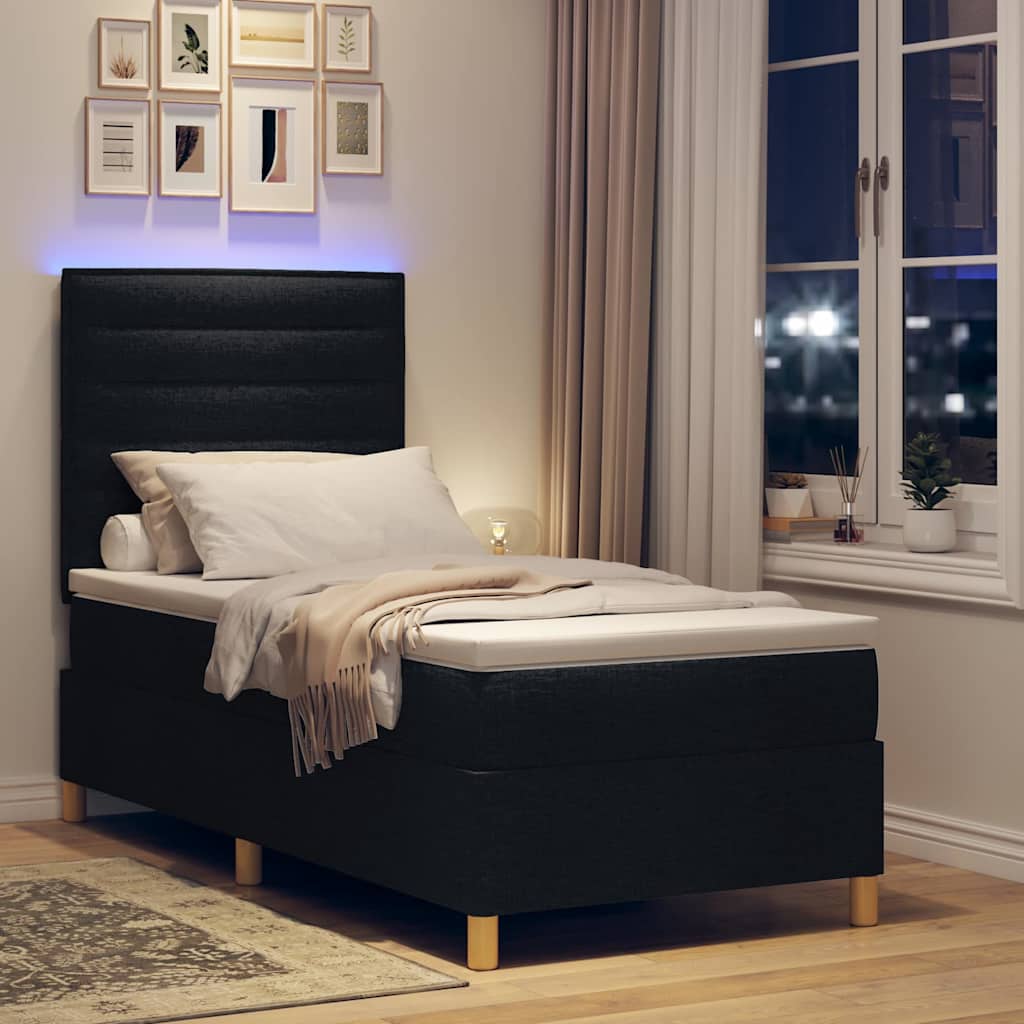 LED Box Spring Bed med madras Sort 90 x 200 cm Stof