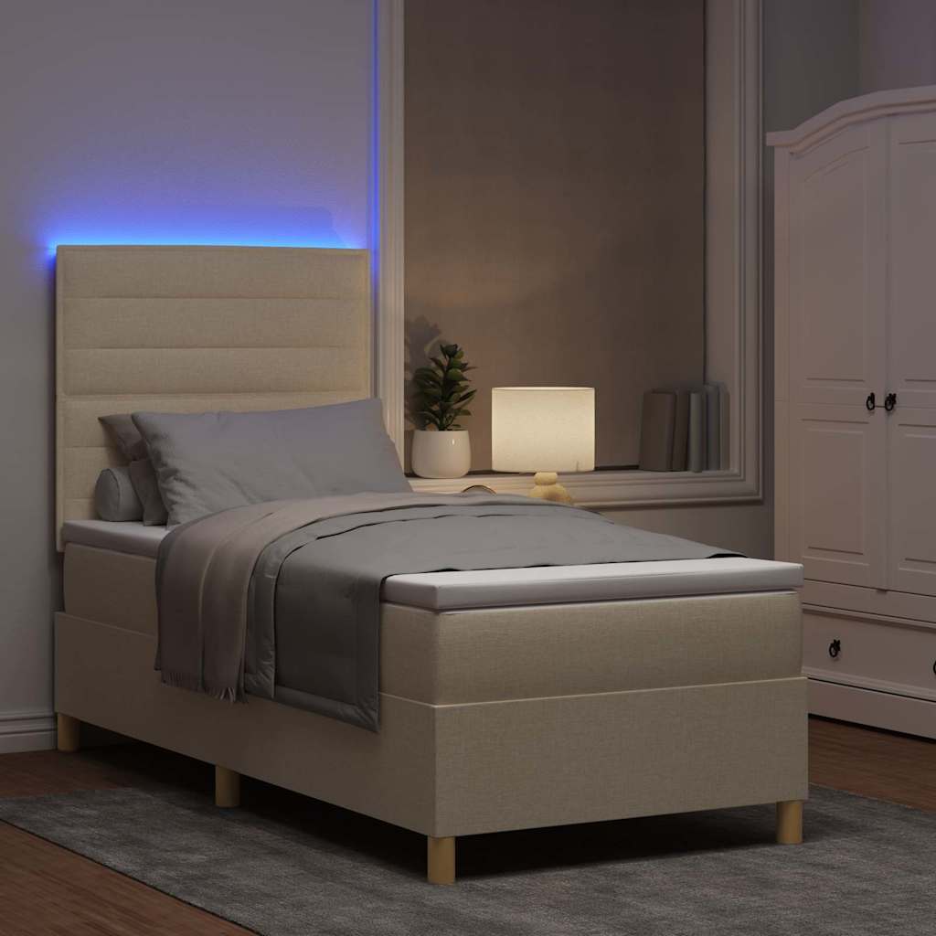 LED Box Spring Bed med madras Creme 100 x 200 cm Stof