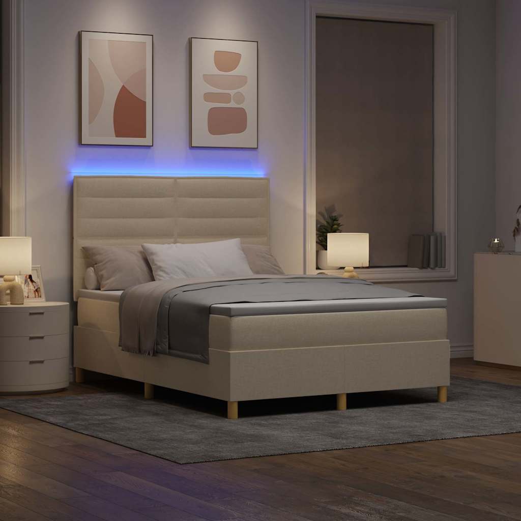 LED Box Spring Bed med madras Creme 140 x 190 cm Stof
