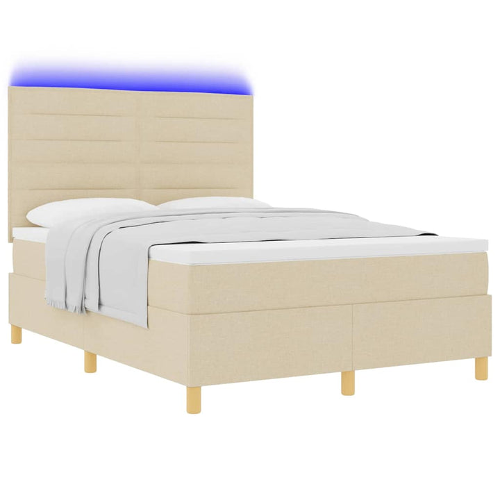 LED Box Spring Bed med madras Creme 140 x 190 cm Stof