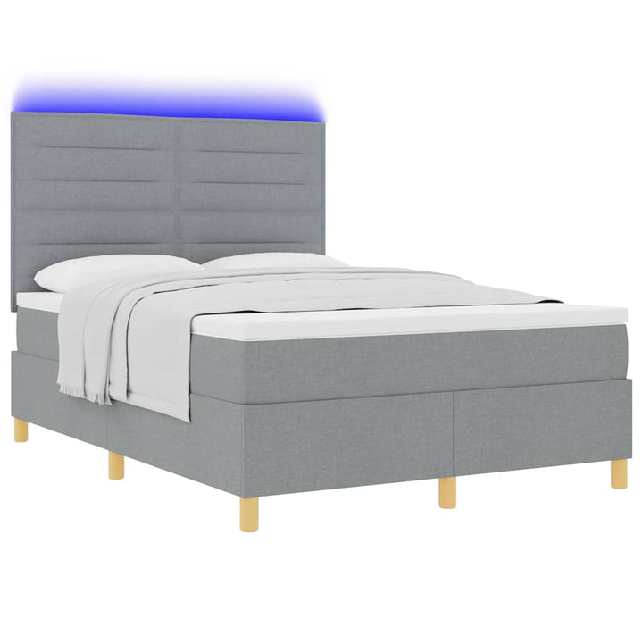 LED Box Spring Bed med madras Lysegrå 140 x 200 cm Stof