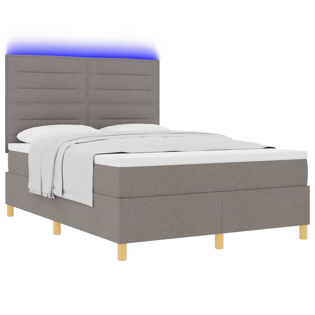 LED Box Spring Bed med madras Gråbrun 140 x 200 cm Stof