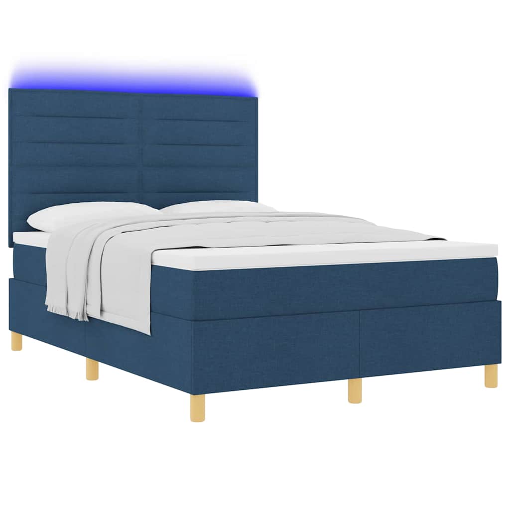 LED Box Spring Bed med madras Blå 140 x 200 cm Stof