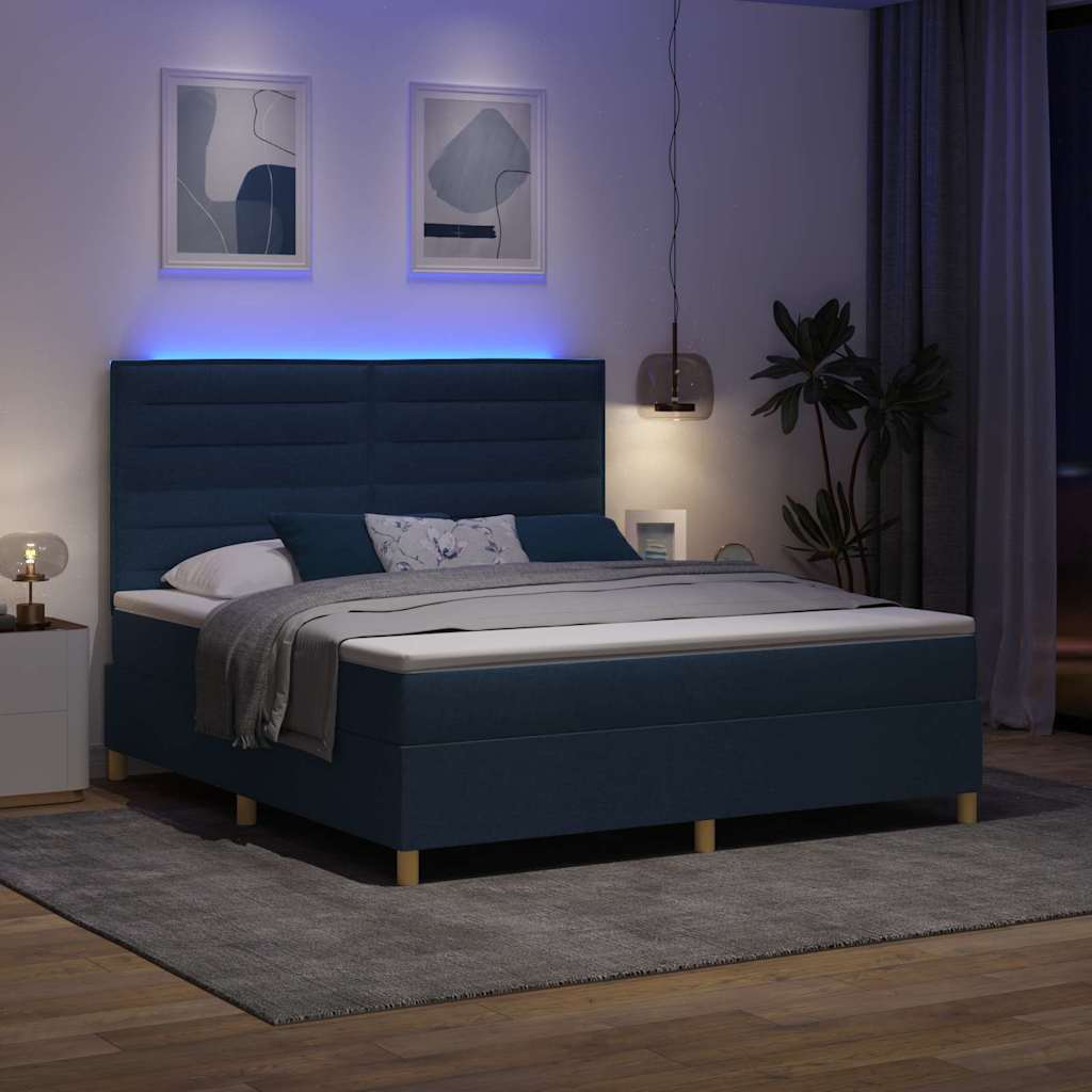 LED Box Spring Bed med madras Blå 180 x 200 cm Stof