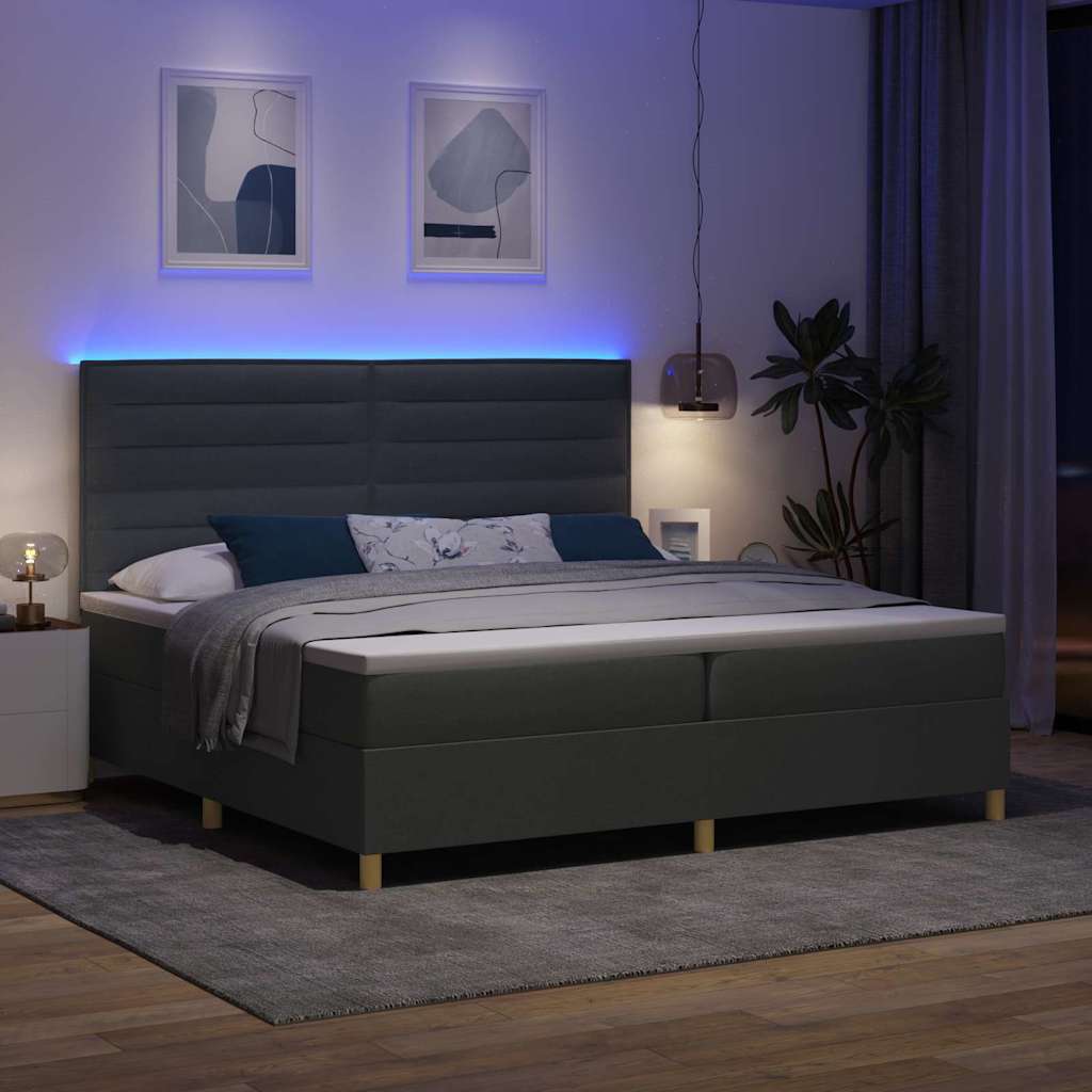 LED Box Spring Bed med hovedgærde Mørkegrå 200 x 200 cm Stof