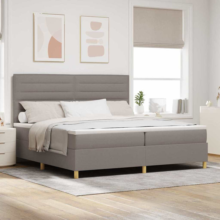 LED Box Spring Bed med hovedgærde Gråbrun 200 x 200 cm Stof