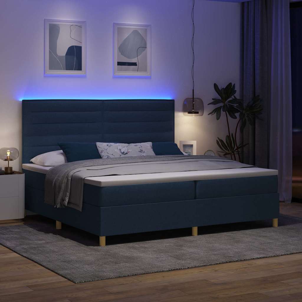 LED Box Spring Bed med madras Blå 200 x 200 cm Stof