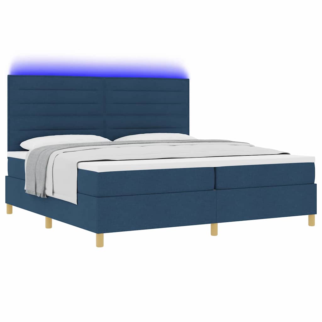 LED Box Spring Bed med madras Blå 200 x 200 cm Stof