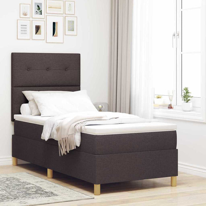 LED Box Spring Bed med hovedgærde Mørk Brun 90 x 190 cm Stof