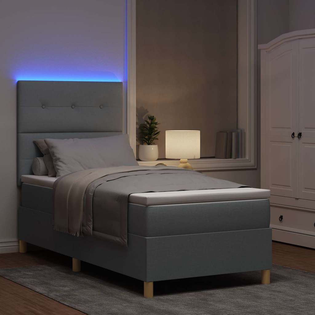 LED Box Spring Bed med hovedgærde Lysegrå 90 x 200 cm Stof