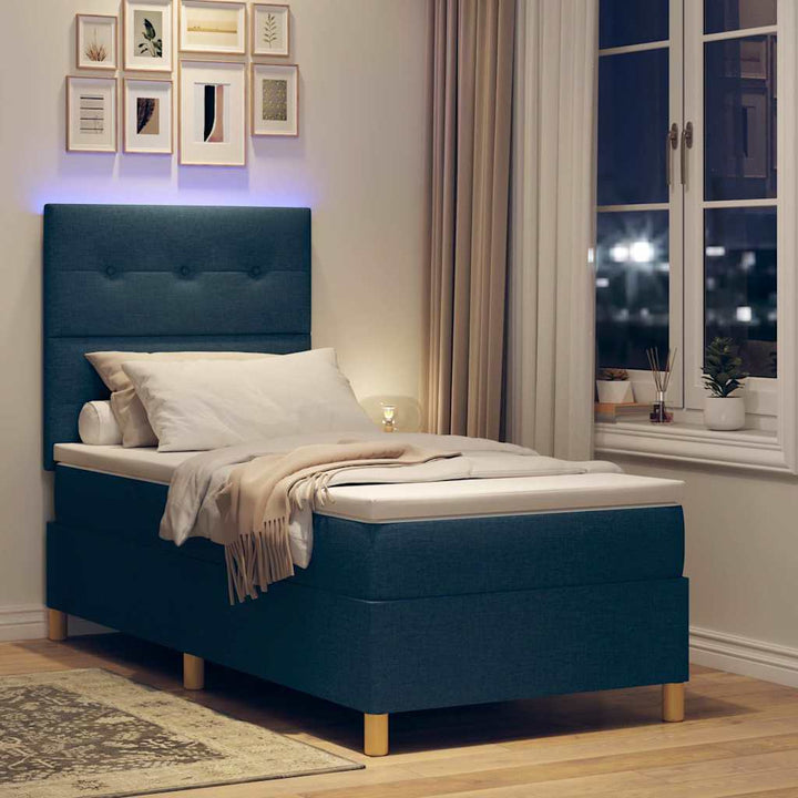 LED Box Spring Bed med hovedgærde Blå 90 x 200 cm Stof