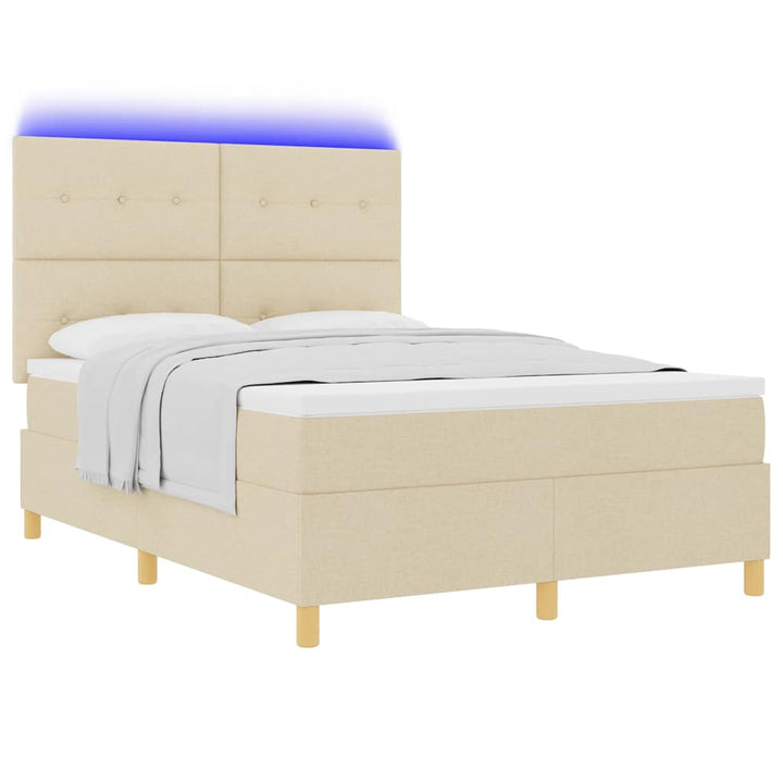 LED Box Spring Bed med hovedgærde Creme 140 x 190 cm Stof