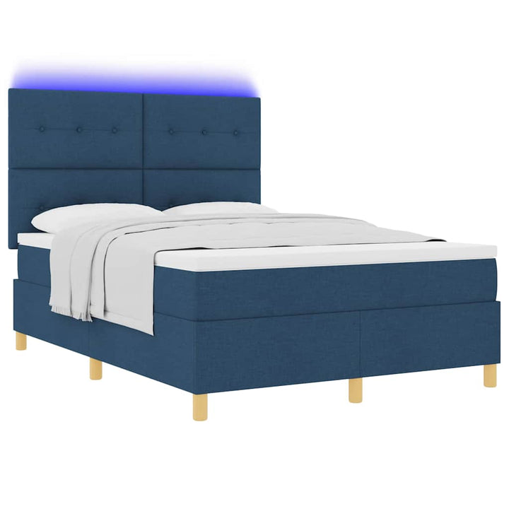 LED Box Spring Bed med madras Blå 140 x 190 cm Stof