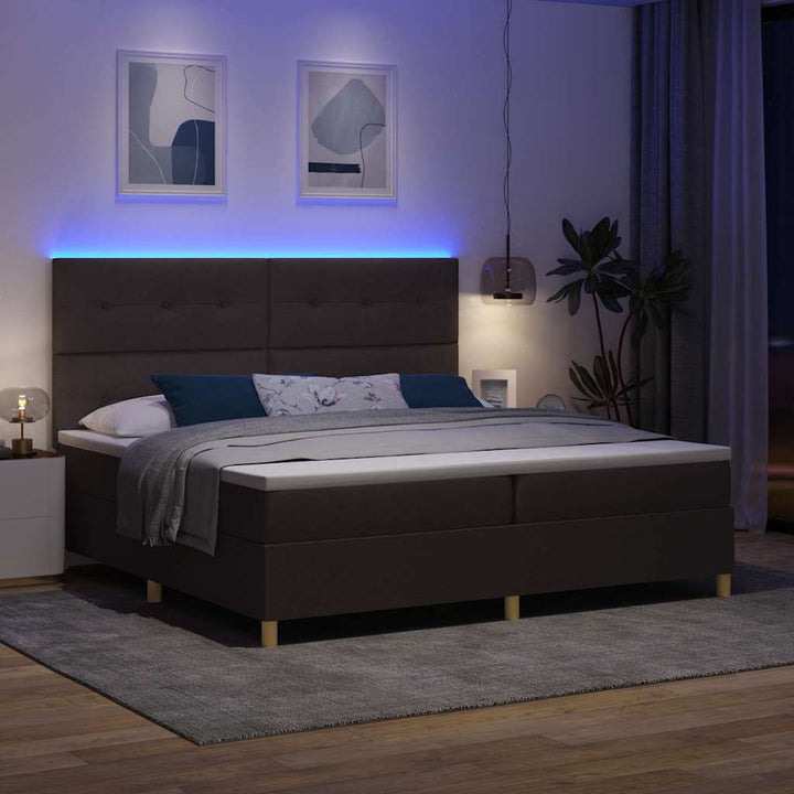 LED Box Spring Bed med hovedgærde Mørk Brun 200 x 200 cm Stof