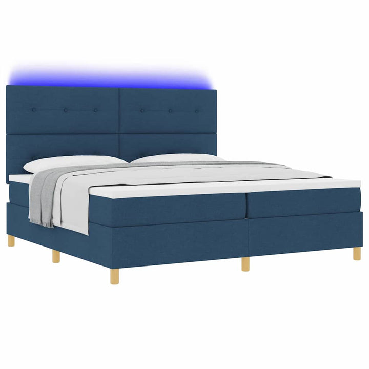 LED Box Spring Bed med hovedgærde Blå 200 x 200 cm Stof
