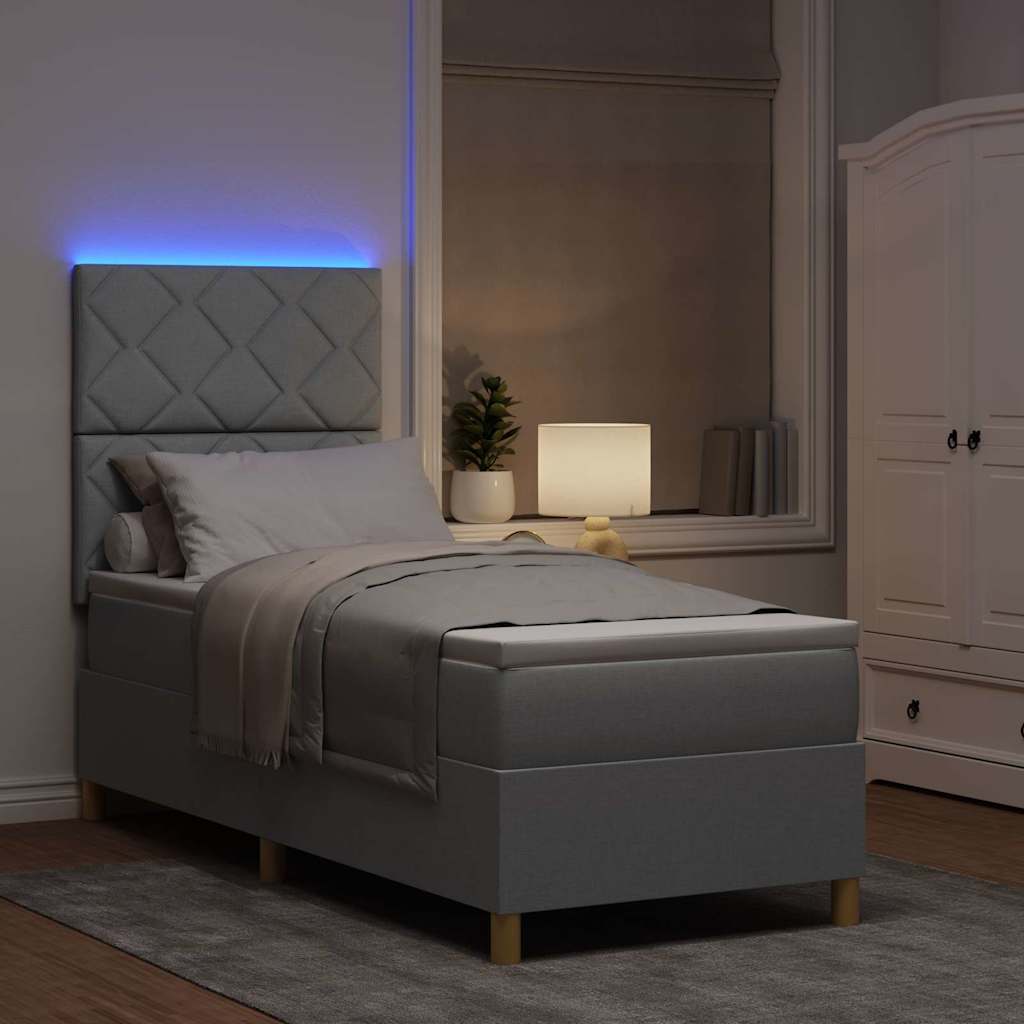 LED Box Spring Bed med madras Lysegrå 80 x 200 cm Stof