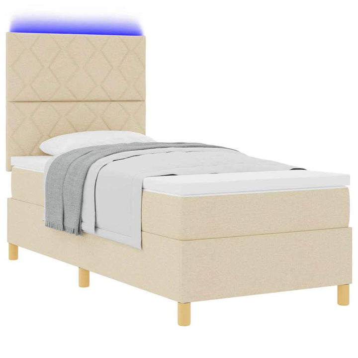 LED Box Spring Bed med hovedgærde Creme 90 x 200 cm Stof