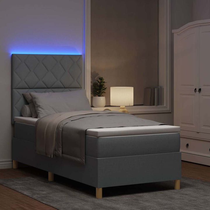 LED Box Spring Bed med hovedgærde Lysegrå 100 x 200 cm Stof