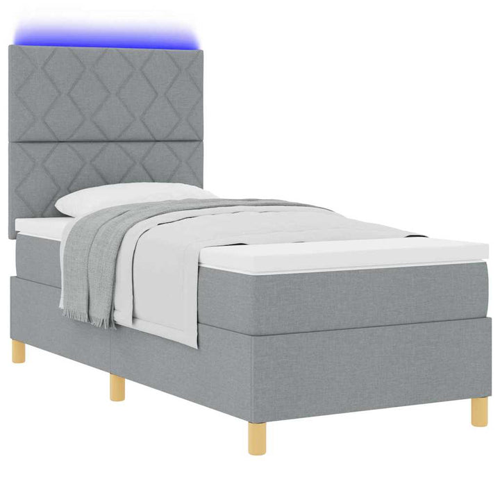 LED Box Spring Bed med hovedgærde Lysegrå 100 x 200 cm Stof