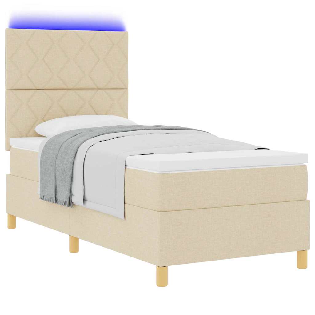 LED Box Spring Bed med hovedgærde Creme 100 x 200 cm Stof