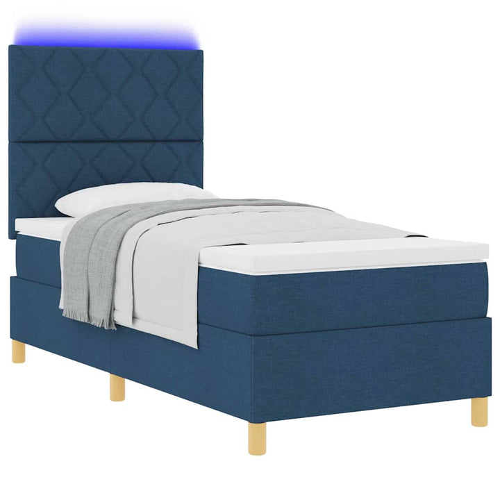 LED Box Spring Bed med hovedgærde Blå 100 x 200 cm Stof