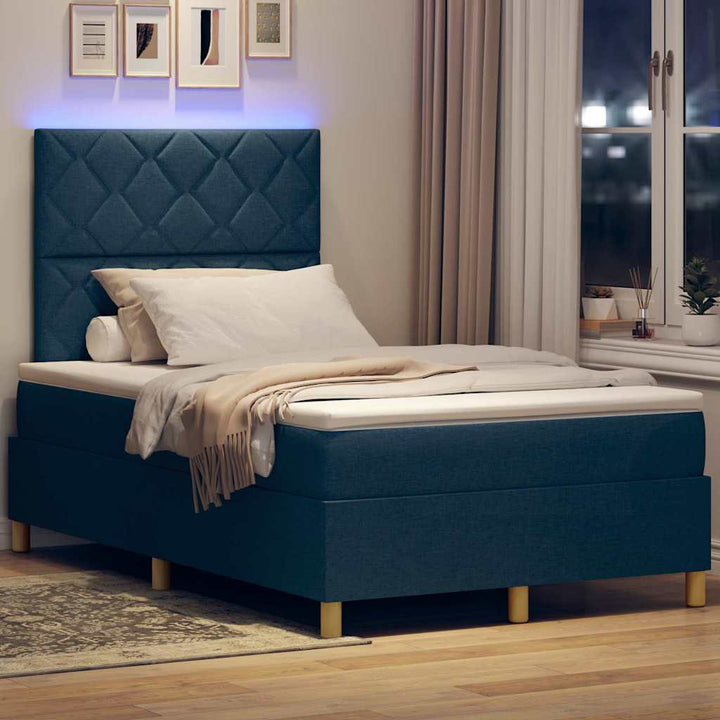 LED Box Spring Bed med hovedgærde Blå 120 x 200 cm Stof
