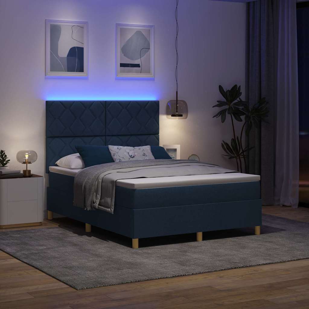 LED Box Spring Bed med hovedgærde Blå 140 x 200 cm Stof