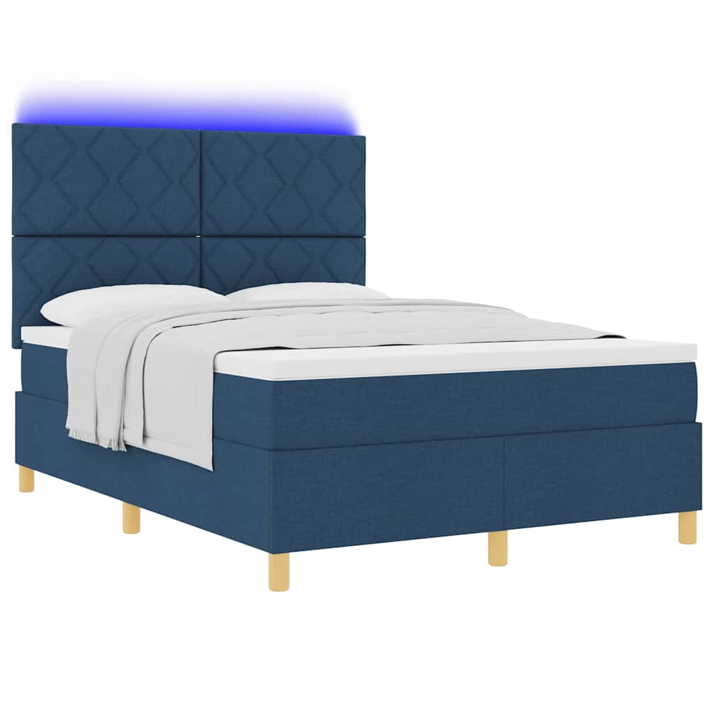LED Box Spring Bed med hovedgærde Blå 140 x 200 cm Stof