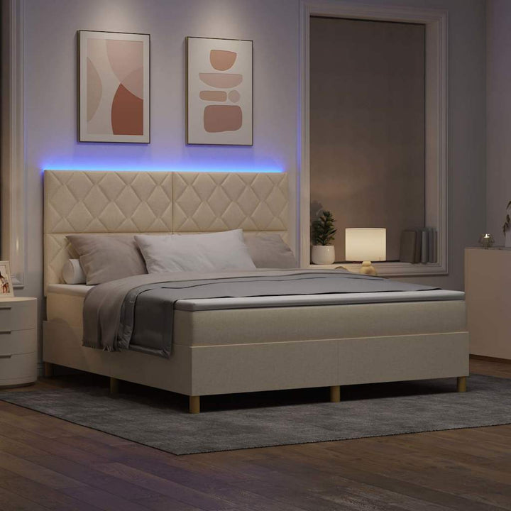 LED Box Spring Bed med hovedgærde Creme 180 x 200 cm Stof