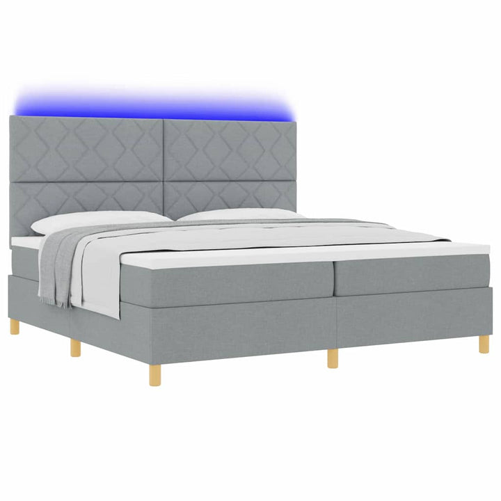 LED Box Spring Bed med hovedgærde Lysegrå 200 x 200 cm Stof